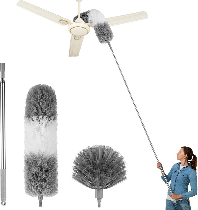 LLOOC Dusters for Cleaning,Cobweb Duster Feather Duster with Extension Pole,3PCS Ceiling Fan Cleaner Duster,Long Duster Extended Handle,Blind Cleaner Dusting - Image 1